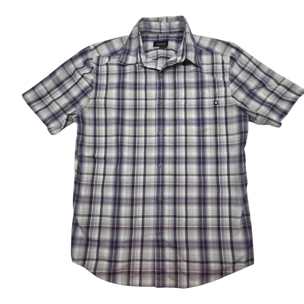 Marmot Short Sleeve Plaid Button Down Shirt Sz M Purple Hiking Gorpcore
